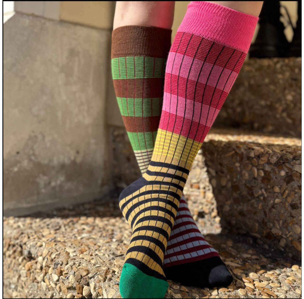 Mismatched Anyway Socks being worn